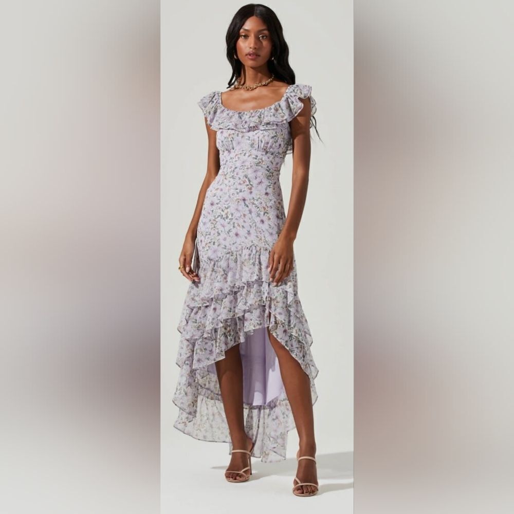 ASTR the label MAGNOLIA FLORAL RUFFLE HI-LO MAXI DRESS NWOT Sz Medium Purple